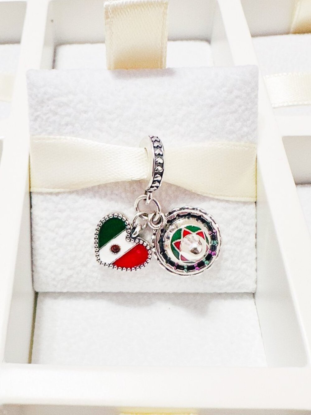 925 Sterling Silver Mexican Flag Heart And Hat Dangle Charm Fits Pandora